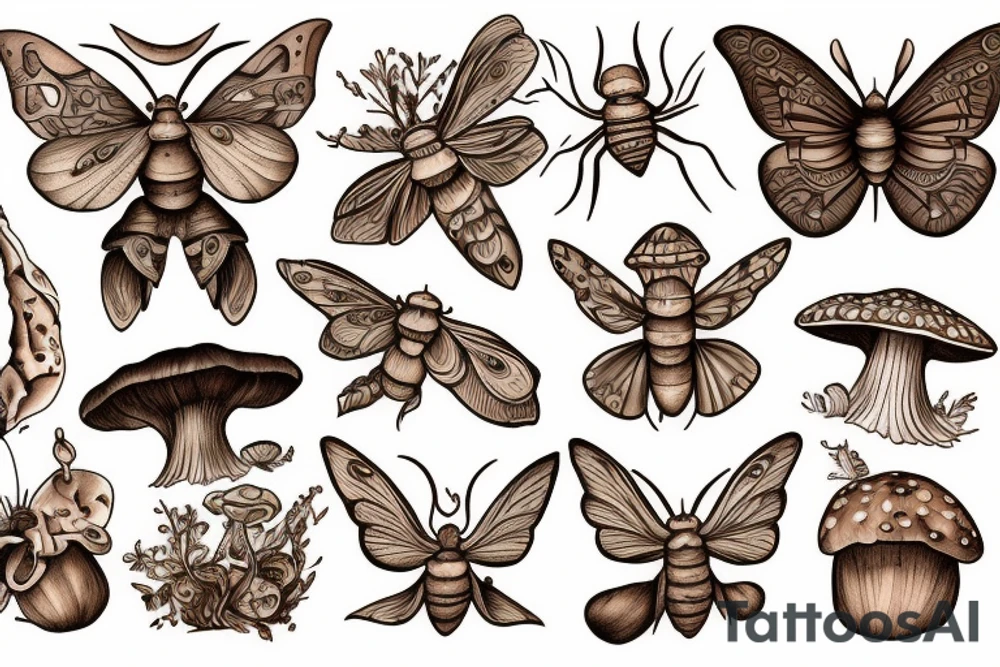 Different types of moths  and earthy tones color mushrooms and tattoo idea