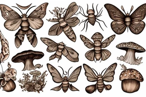 Different types of moths  and earthy tones color mushrooms and tattoo idea