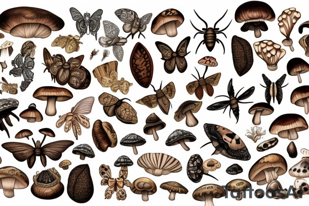 Different types of moths  and earthy tones color mushrooms and tattoo idea