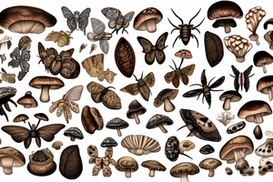 Different types of moths  and earthy tones color mushrooms and tattoo idea