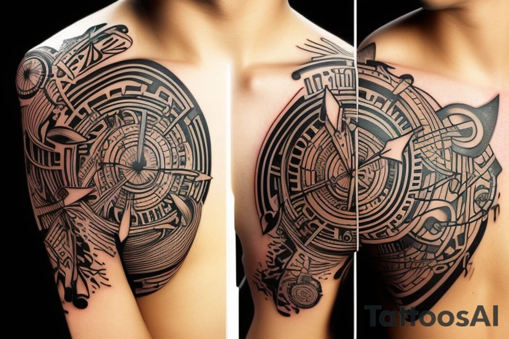 abstract tattoo on shoulder, big circles and arrows tattoo idea