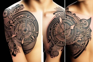 abstract tattoo on shoulder, big circles and arrows tattoo idea