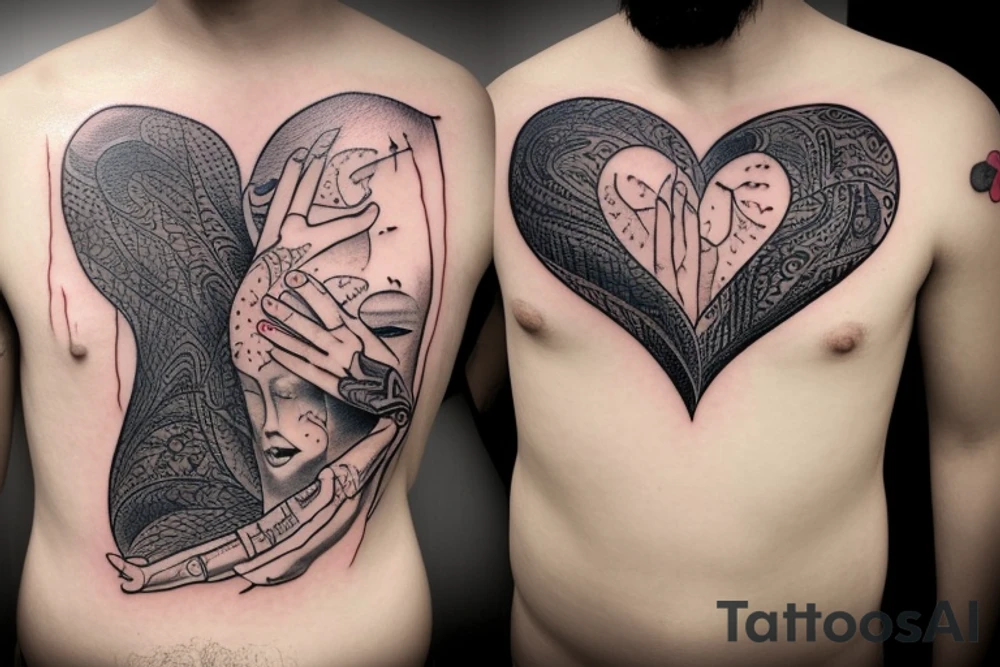 A woman hand that opens the torso of a man. Lile creating a window to his inside body and inside a represebtatiob of his heart tattoo idea