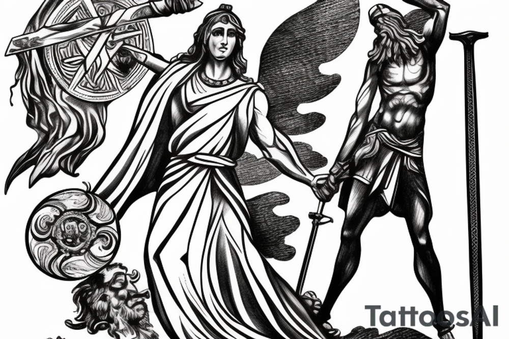 Themis god holds a balance and a sword tattoo idea