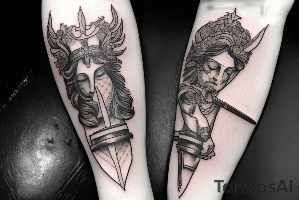 Sensual Themis god holds a balance and a sword tattoo idea