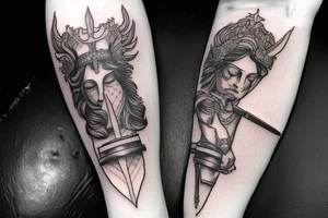 Sensual Themis god holds a balance and a sword tattoo idea