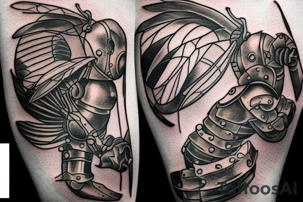 Metal Armour wearing Bee flying. Side view flying left tattoo idea