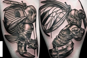Metal Armour wearing Bee flying. Side view flying left tattoo idea