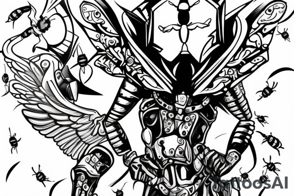 Metal Armour wearing Bee flying. Side view flying left tattoo idea