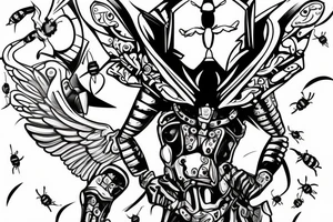 Metal Armour wearing Bee flying. Side view flying left tattoo idea