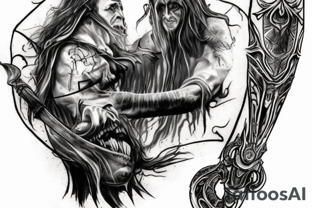 A Lord of the Rings inspired battle with all characters in it tattoo idea