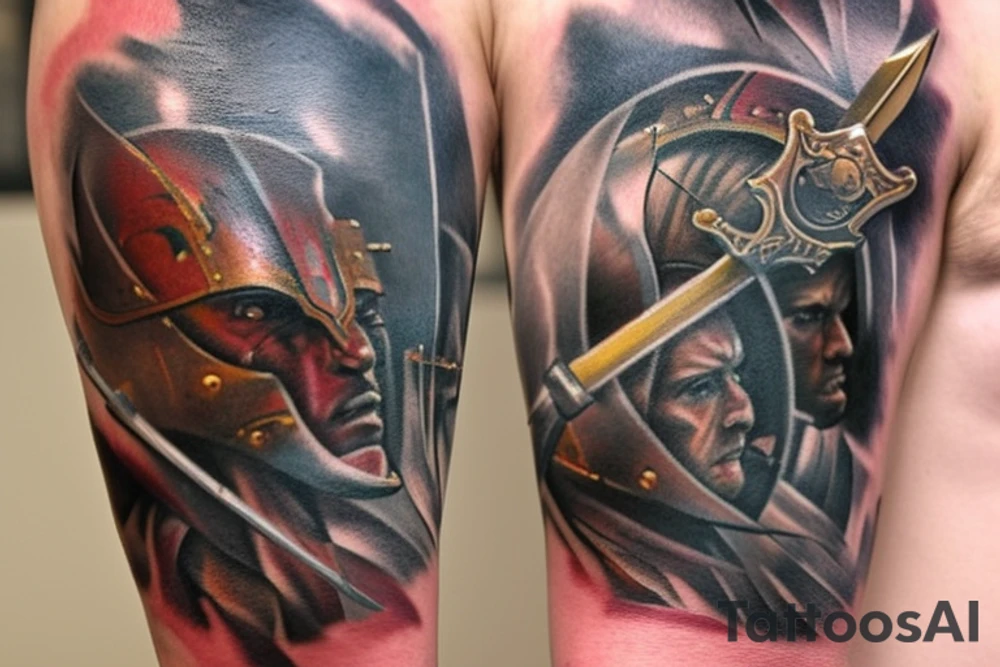 The tattoo is located on the wearer's upper arm and depicts a fierce battle scene from the trilogy. In the center of the tattoo, a group of warriors can be seen locked in combat, their swords and shields clashing as they fight for victory. One warrior stands out, brandishing a sword with a golden hilt and a long, curved blade. This warrior is surrounded by enemies, but fights on with determination and skill. In the background, a great castle can be seen, its towers and walls battered and broken by the forces of war. The tattoo is done in black and grey tones, with the figures and details of the scene etched in precise lines. Overall, the tattoo captures the sense of struggle and bravery that is a central theme of the Lord of the Rings trilogy. tattoo idea