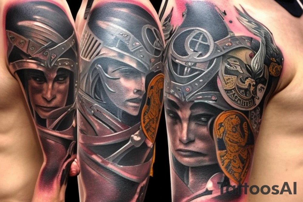 The tattoo is located on the wearer's upper arm and depicts a fierce battle scene from the trilogy. In the center of the tattoo, a group of warriors can be seen locked in combat, their swords and shields clashing as they fight for victory. One warrior stands out, brandishing a sword with a golden hilt and a long, curved blade. This warrior is surrounded by enemies, but fights on with determination and skill. In the background, a great castle can be seen, its towers and walls battered and broken by the forces of war. The tattoo is done in black and grey tones, with the figures and details of the scene etched in precise lines. Overall, the tattoo captures the sense of struggle and bravery that is a central theme of the Lord of the Rings trilogy. tattoo idea