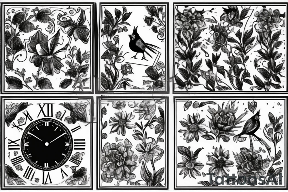 A cardinal, a clock, and flowers tattoo idea