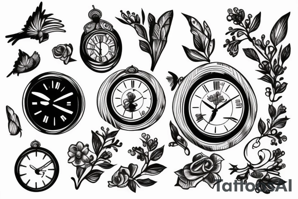 A cardinal, a clock, and flowers tattoo idea