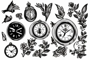 A cardinal, a clock, and flowers tattoo idea