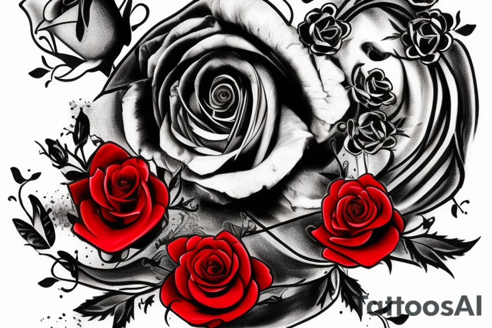 Black tower with revolvers and red roses. tattoo idea