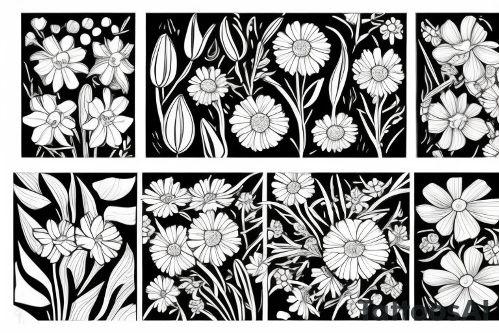 flower bouquet consisting of a marigold, a narcissus, a daisy, a cosmos, and two gladioluses tattoo idea