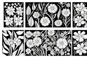 flower bouquet consisting of a marigold, a narcissus, a daisy, a cosmos, and two gladioluses tattoo idea