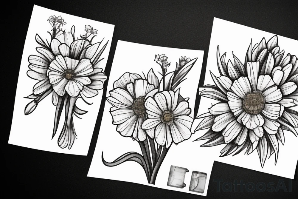 flower bouquet consisting of a marigold, a narcissus, a daisy, a cosmos, and two gladioluses tattoo idea