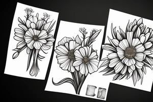 flower bouquet consisting of a marigold, a narcissus, a daisy, a cosmos, and two gladioluses tattoo idea