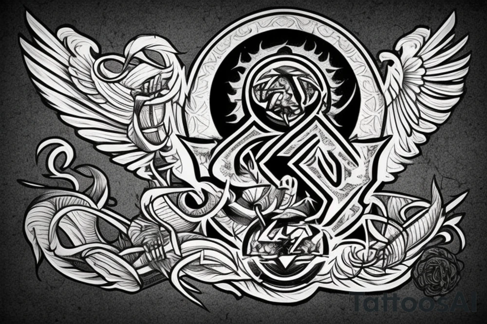 fenix rises from sun background of shield in shape of letter A tattoo idea