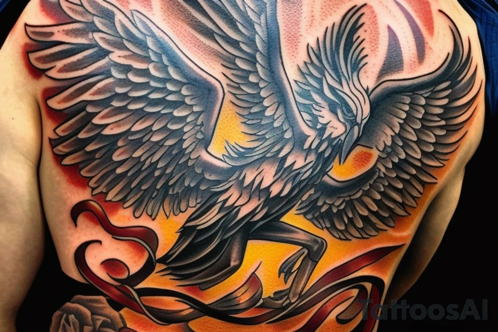 fenix rises from sun background of shield in shape of letter A tattoo idea