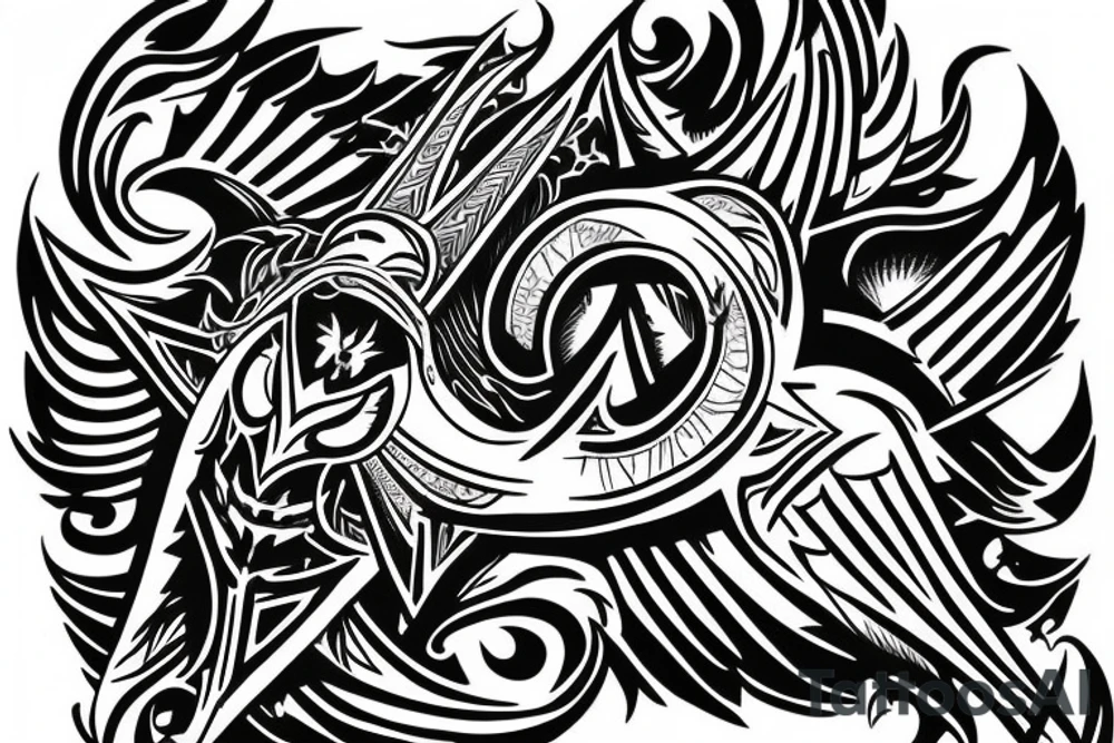 fenix rises from sun background of shield in shape of letter A tattoo idea