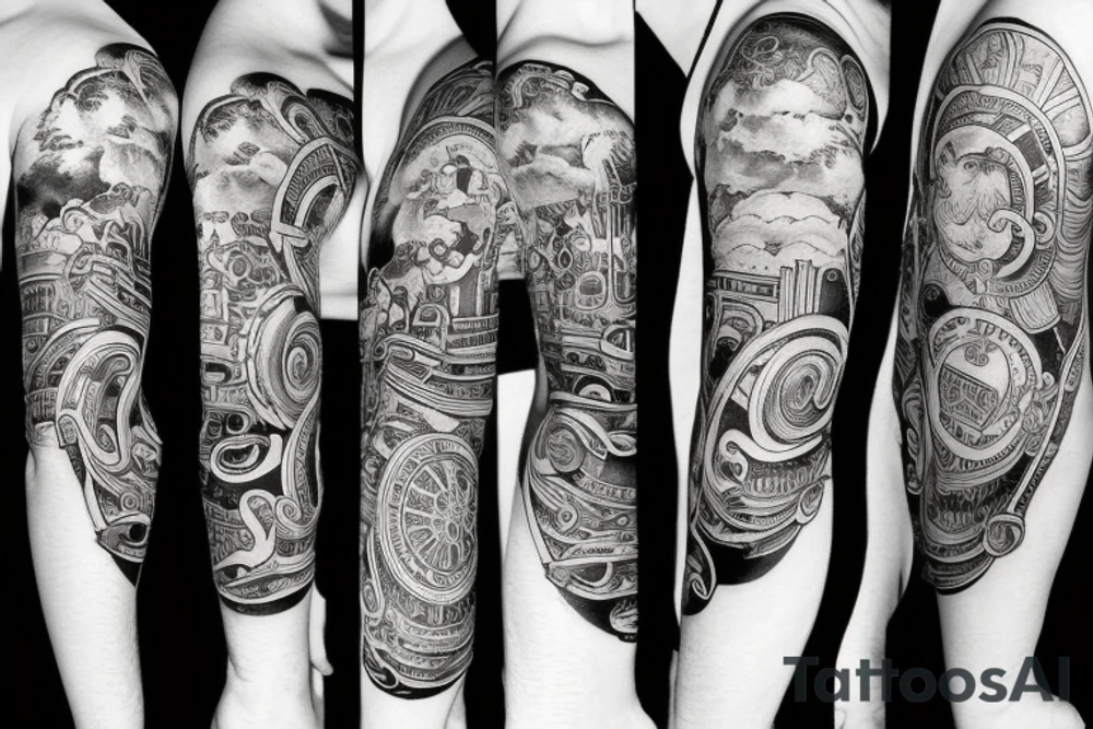 Philosophical tattoo sleeve must include time and socratic style old school with clouds tattoo idea