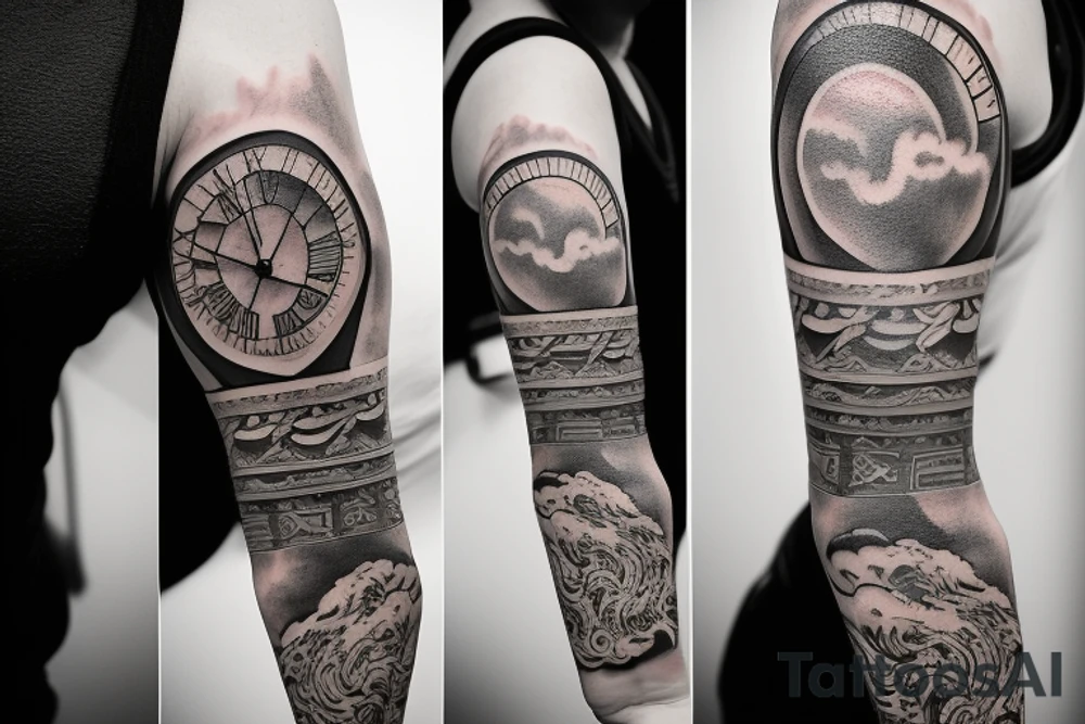 Philosophical tattoo sleeve must include time and socratic style with clouds tattoo idea