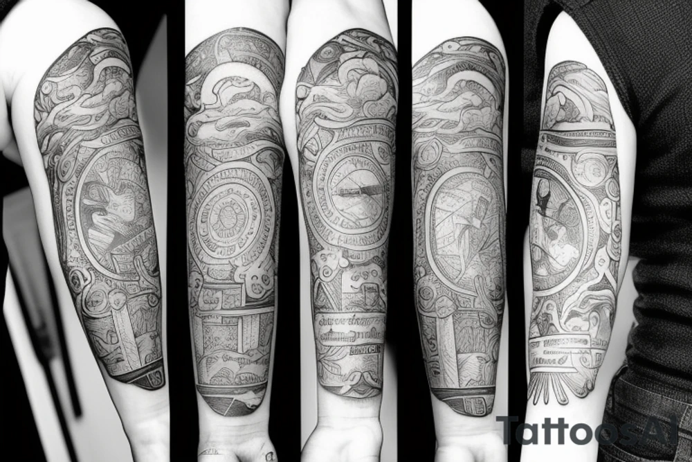 Philosophical tattoo sleeve must include time and socratic style with clouds tattoo idea