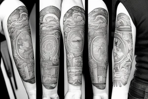 Philosophical tattoo sleeve must include time and socratic style with clouds tattoo idea