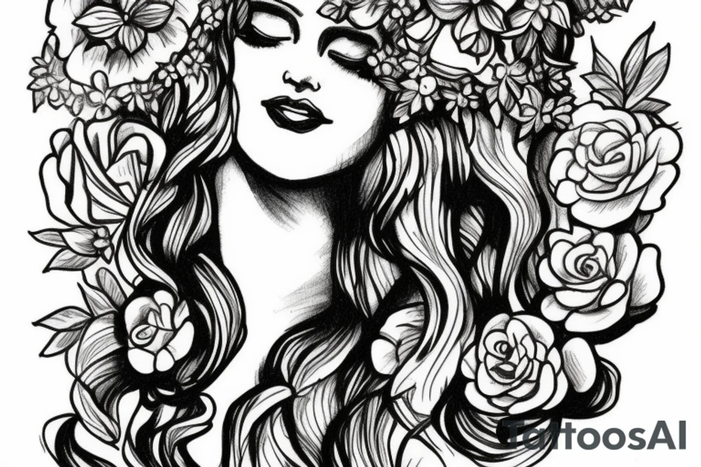 Aphrodite wearing a crown, surrounded by flowers tattoo idea