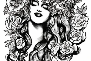 Aphrodite wearing a crown, surrounded by flowers tattoo idea