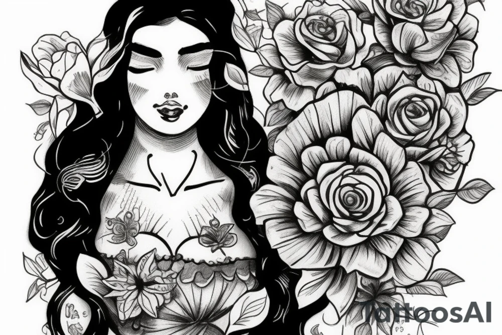 Aphrodite wearing a crown, surrounded by flowers tattoo idea
