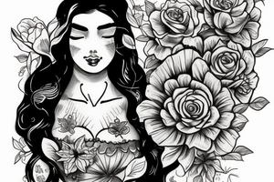 Aphrodite wearing a crown, surrounded by flowers tattoo idea