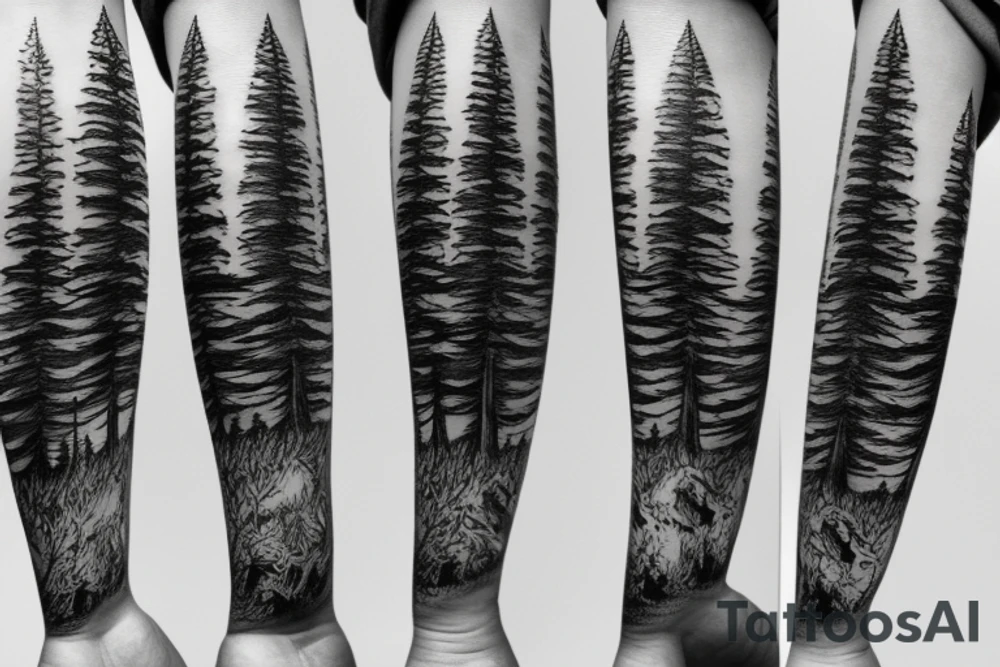 Wrap around forest tattoo(from wrist to elbow) with pine trees tattoo idea