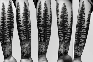 Wrap around forest tattoo(from wrist to elbow) with pine trees tattoo idea