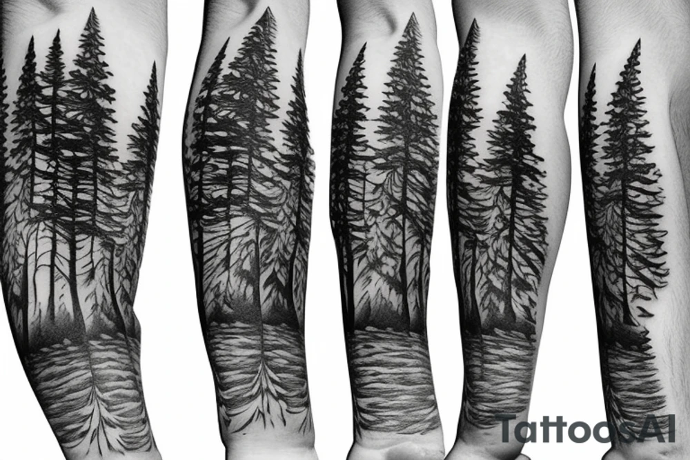 Wrap around forest tattoo(from wrist to elbow) with pine trees tattoo idea