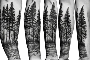 Wrap around forest tattoo(from wrist to elbow) with pine trees tattoo idea