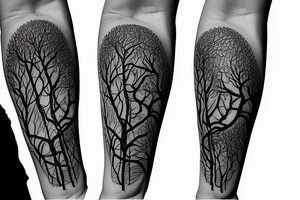 Wrap around forest tattoo(from wrist to elbow) with pine trees tattoo idea