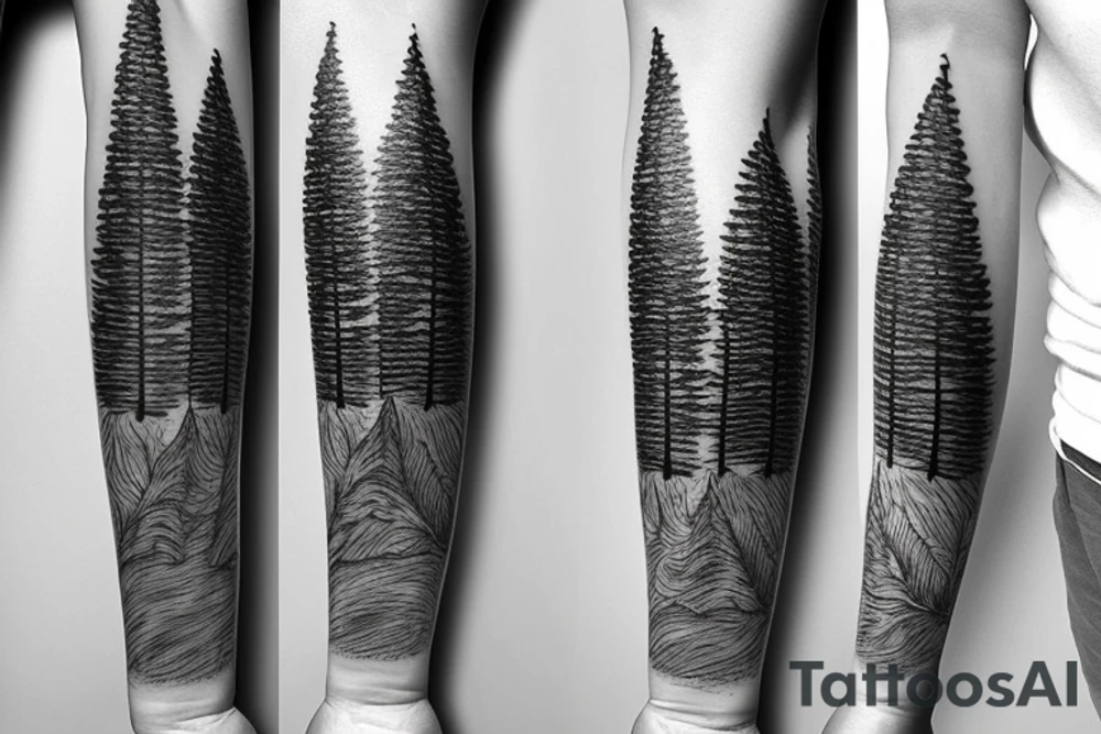 Wrap around forest tattoo(from wrist to elbow) with pine trees tattoo idea Wrap around forest tattoo(from wrist to elbow) with pine trees tattoo idea