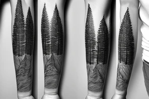 Wrap around forest tattoo(from wrist to elbow) with pine trees tattoo idea
