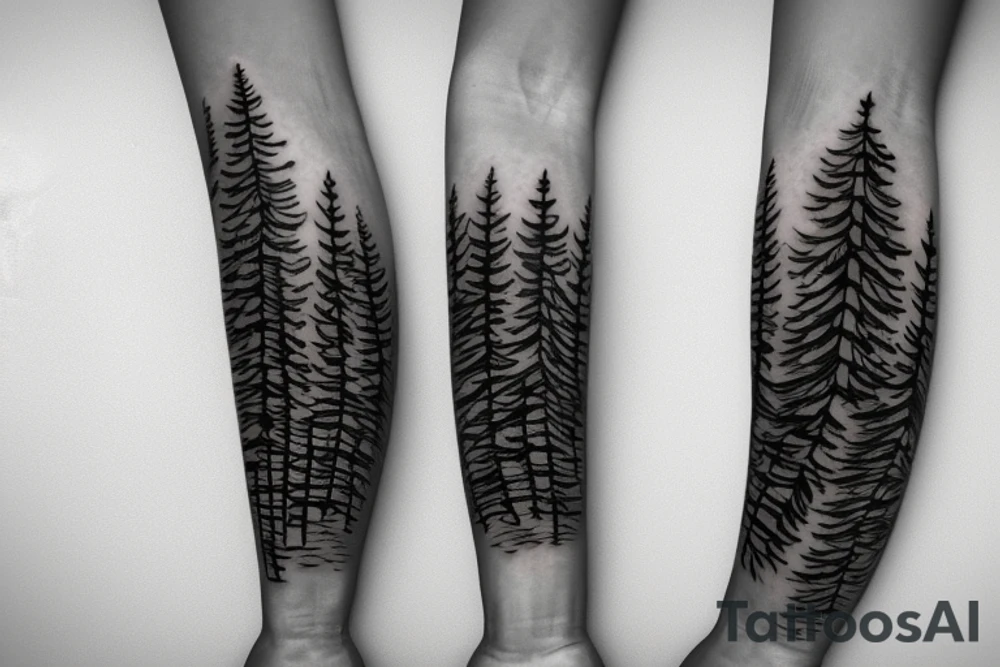 Wrap around forest tattoo(from wrist to elbow) with pine trees tattoo idea Wrap around forest tattoo(from wrist to elbow) with pine trees tattoo idea