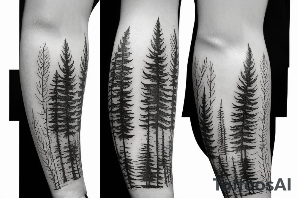 Wrap around forest tattoo(from wrist to elbow) with pine trees tattoo idea