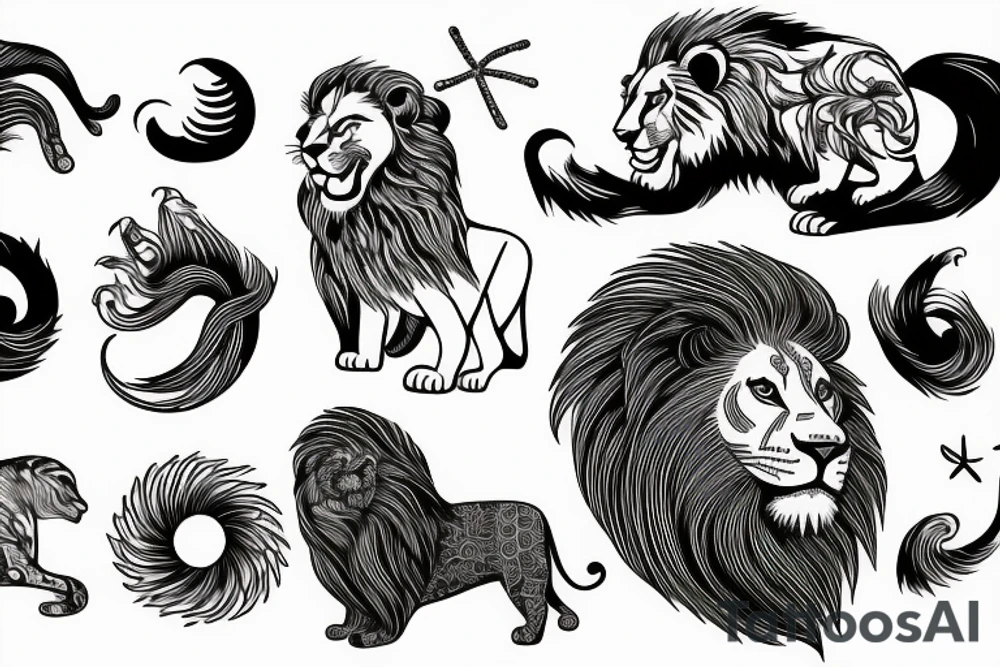 Lion, watch, beach waves and sand tattoo idea