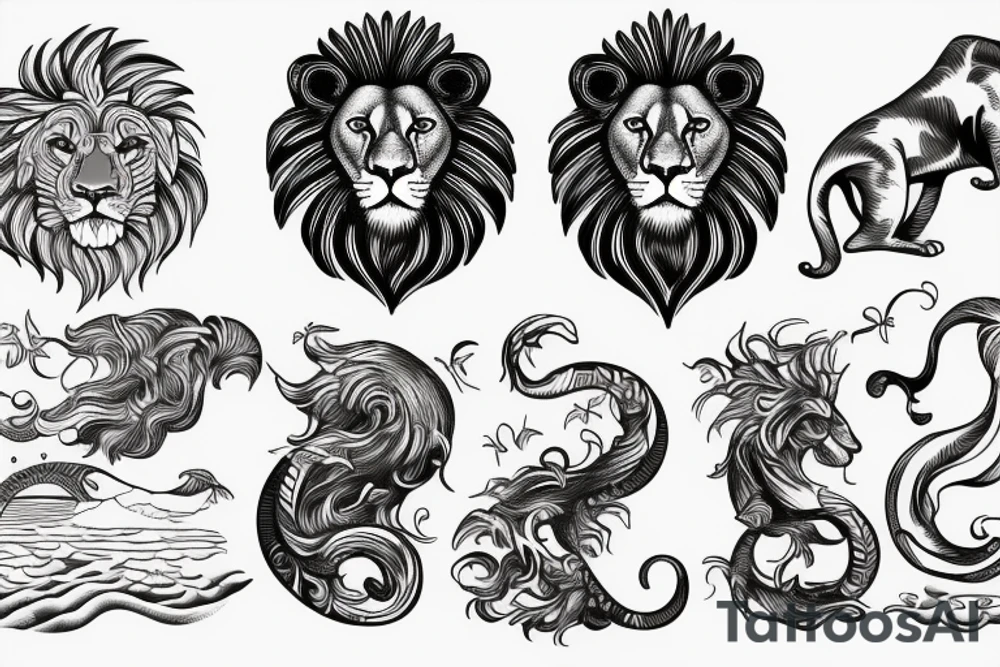 Lion, watch, beach waves and sand tattoo idea