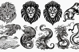 Lion, watch, beach waves and sand tattoo idea