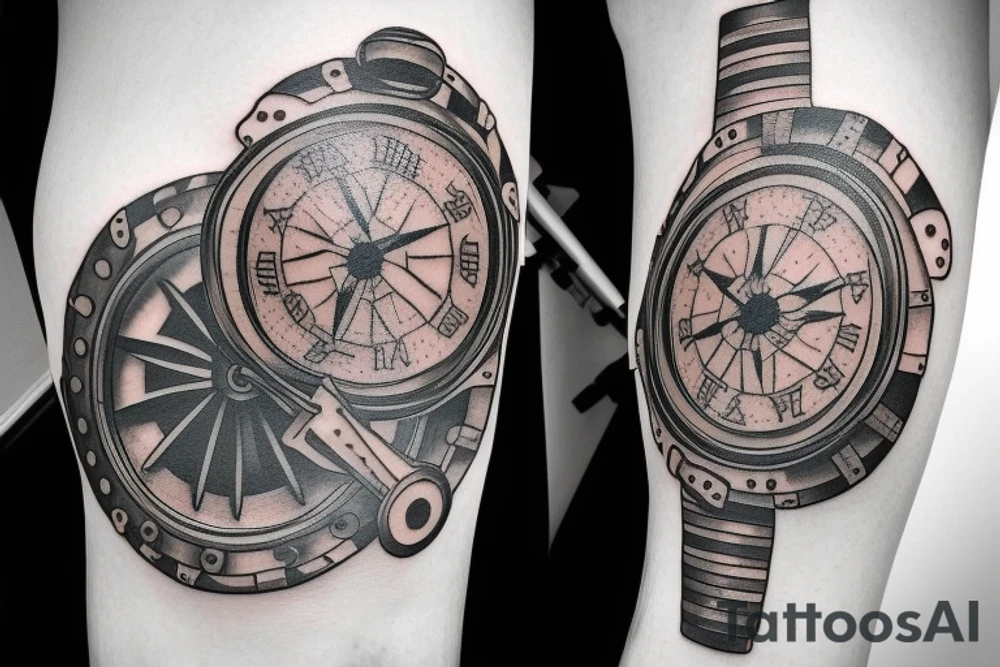 Clock with exposed gears and nautical compass tattoo idea