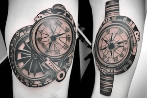 Clock with exposed gears and nautical compass tattoo idea
